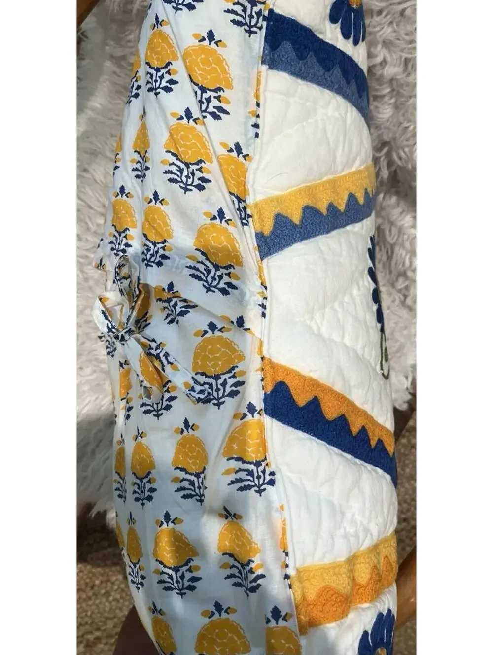 24x15” Rectangle Quilted Flowers White Orange Blue Country Cottagecore Handmade